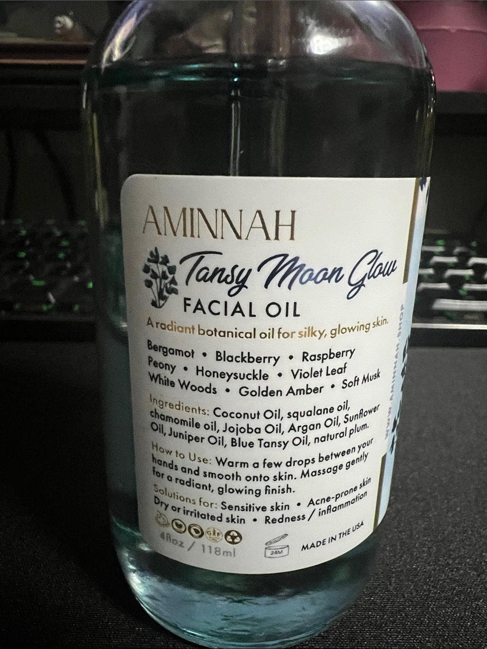 Aminnah Tansy Moon Glow Facial Oil — Light Blue Bottle